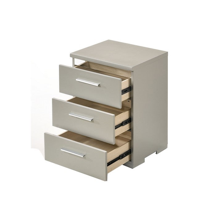 Wooden Nightstand with Three Spacious Drawers and Metal Handles, White and Silver