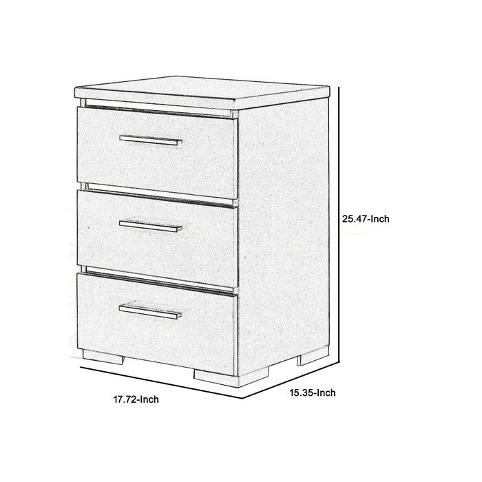 Wooden Nightstand with Three Spacious Drawers and Metal Handles, White and Silver