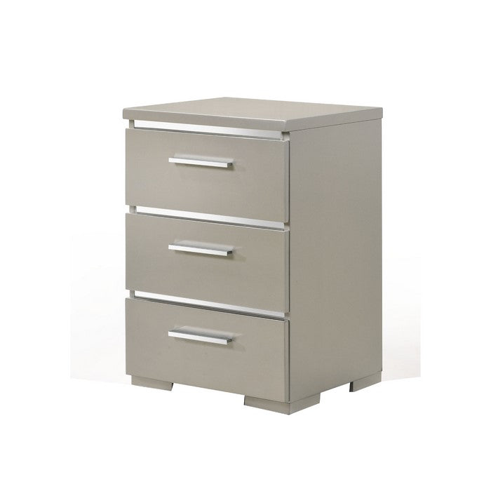 Wooden Nightstand with Three Spacious Drawers and Metal Handles, White and Silver