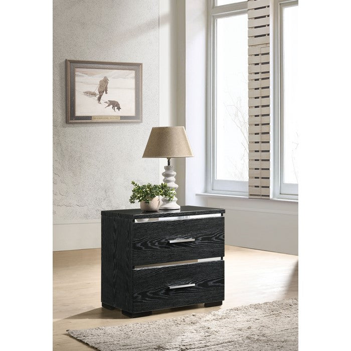 Wooden Nightstand with Two Spacious Drawers and Metal Handles, Black and Silver