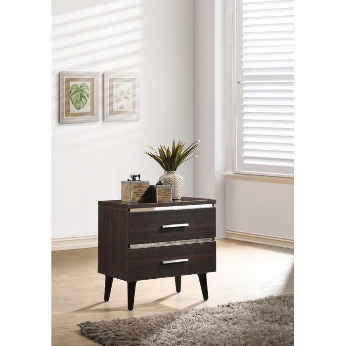 Wooden Nightstand with Two Spacious Drawers and Metal Handles, Cherry Brown and Silver