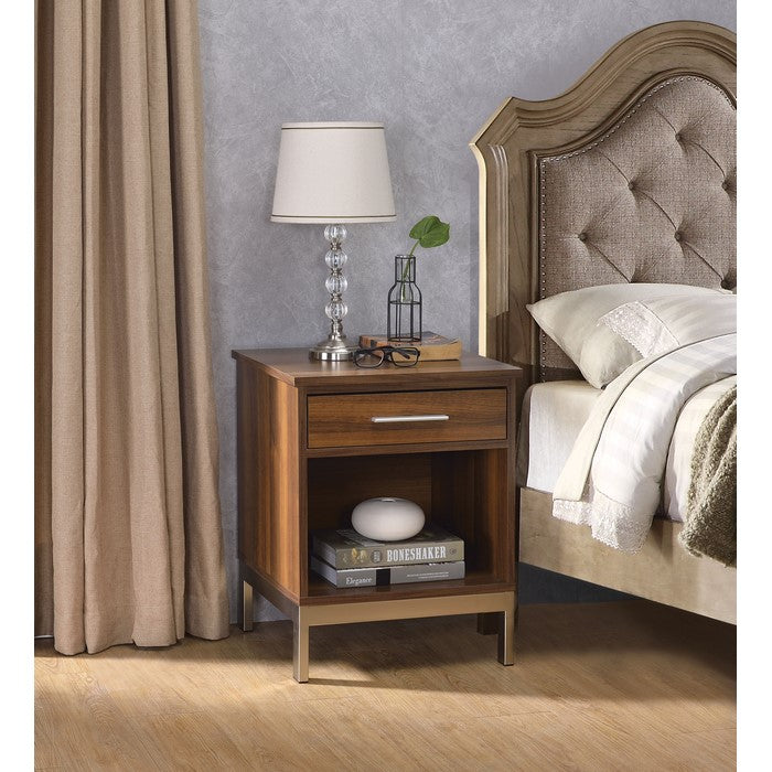 Spacious Wooden Nightstand with Straight Leg Metal Stand, Walnut Brown and Silver