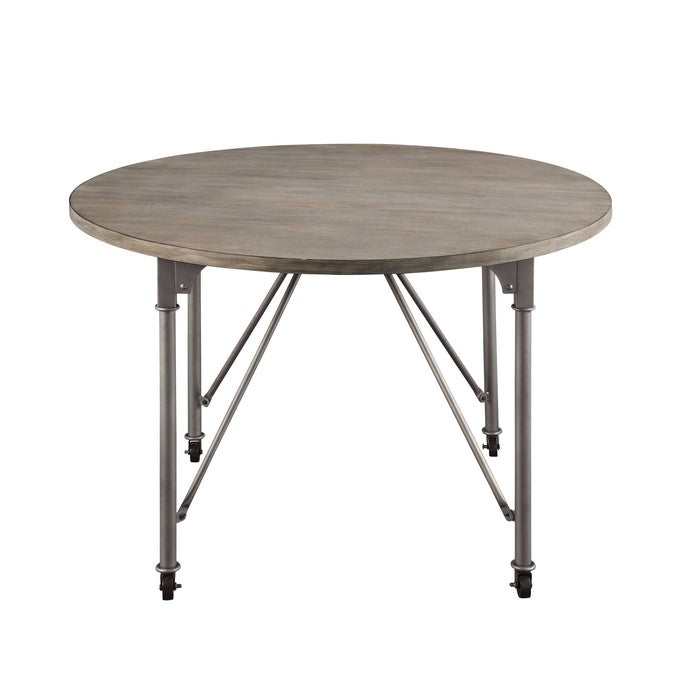 Metal Dining Table with Circular Wooden Top and Caster Wheels, Gray