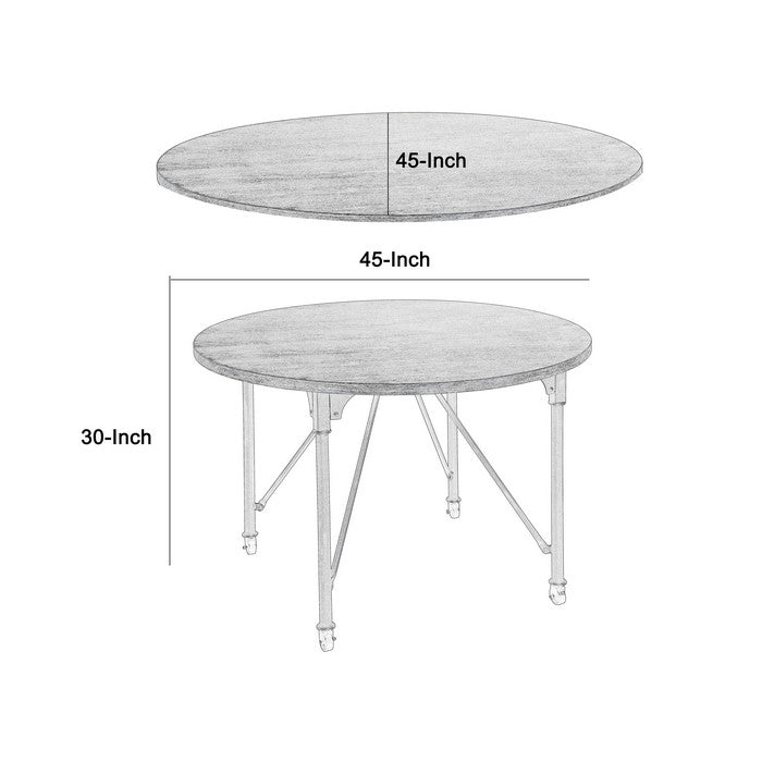 Metal Dining Table with Circular Wooden Top and Caster Wheels, Gray