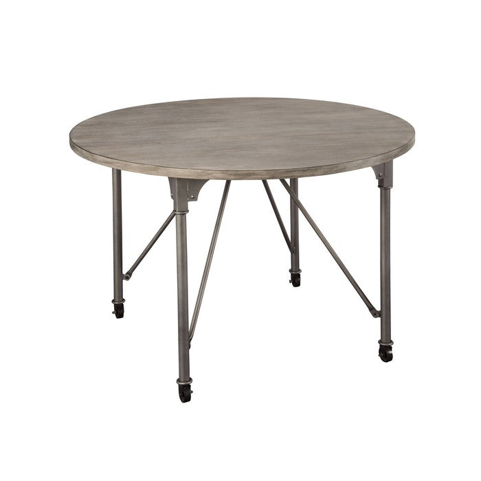 Metal Dining Table with Circular Wooden Top and Caster Wheels, Gray