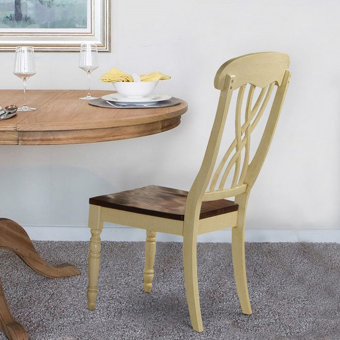 Wooden Side Chair with Overlapped Design Back and Scoop Seat, White and Brown, Set of Two