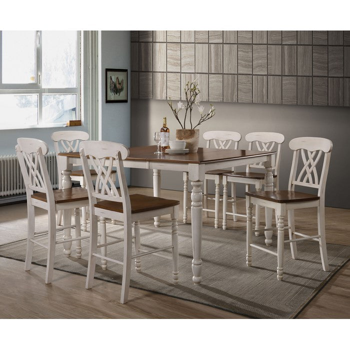 Wooden Counter Height Chair with Overlapped Design Back and Scoop Seat, White and Brown, Set of Two