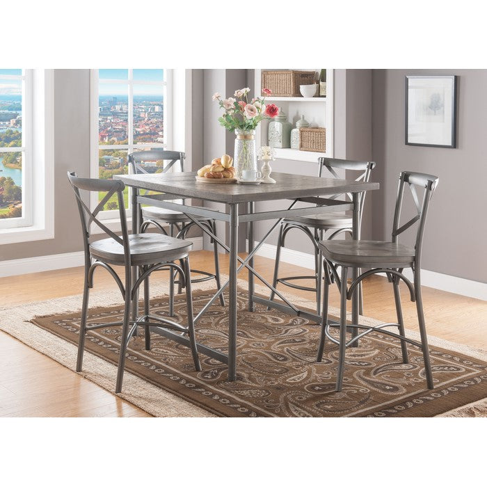 Metal Counter Height Chair with Wooden Seat and Open Backrest, Gray, Set of Two