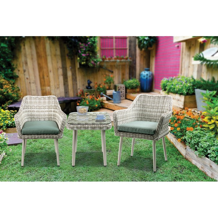 Resin Wicker and Metal Patio Bistro Set with Two Chairs and Table, Beige and Green, Set of Three