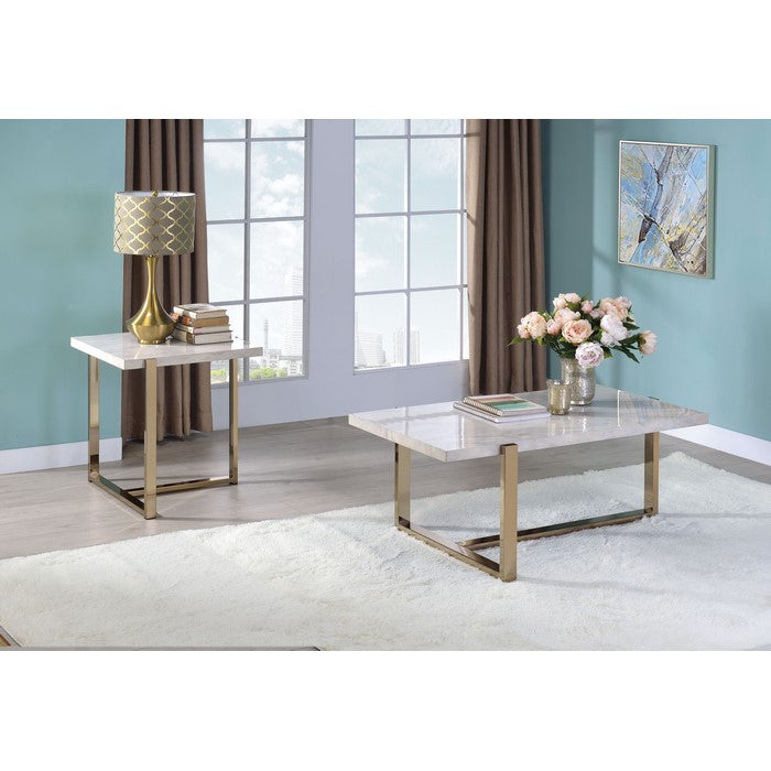 Modern Metal Framed Coffee Table with Faux Marble Top, White and Gold
