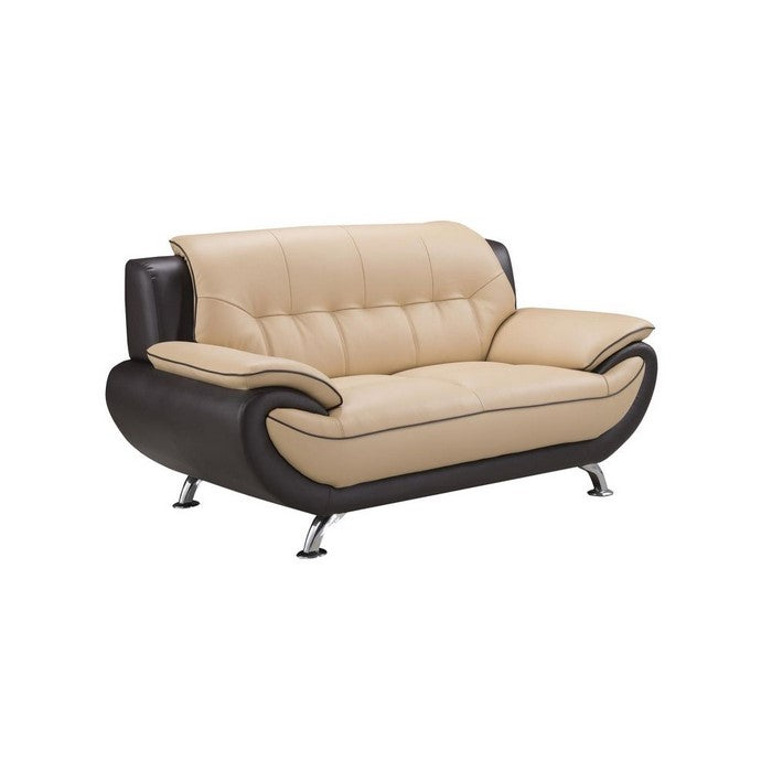 Leather Upholstered Wooden Loveseat with Pillow-Top Armrests, Yellow and Brown