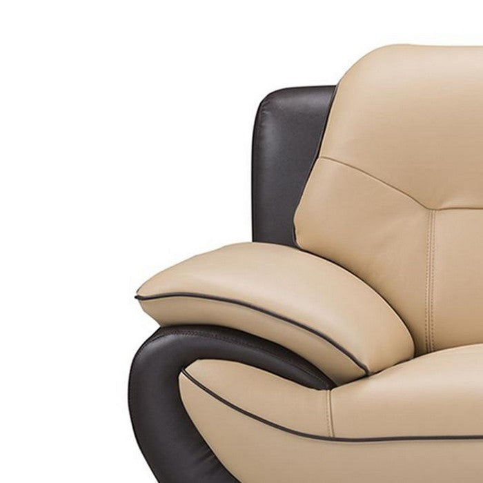 Leather Upholstered Wooden Loveseat with Pillow-Top Armrests, Yellow and Brown