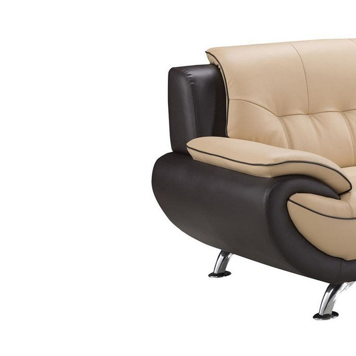 Leather Upholstered Wooden Loveseat with Pillow-Top Armrests, Yellow and Brown