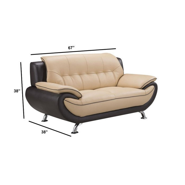 Leather Upholstered Wooden Loveseat with Pillow-Top Armrests, Yellow and Brown