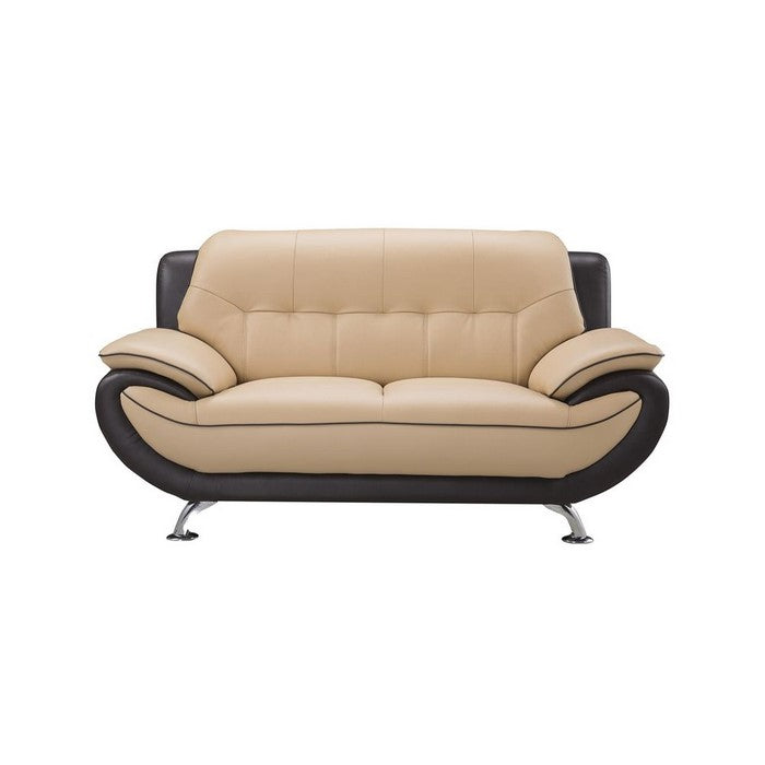 Leather Upholstered Wooden Loveseat with Pillow-Top Armrests, Yellow and Brown