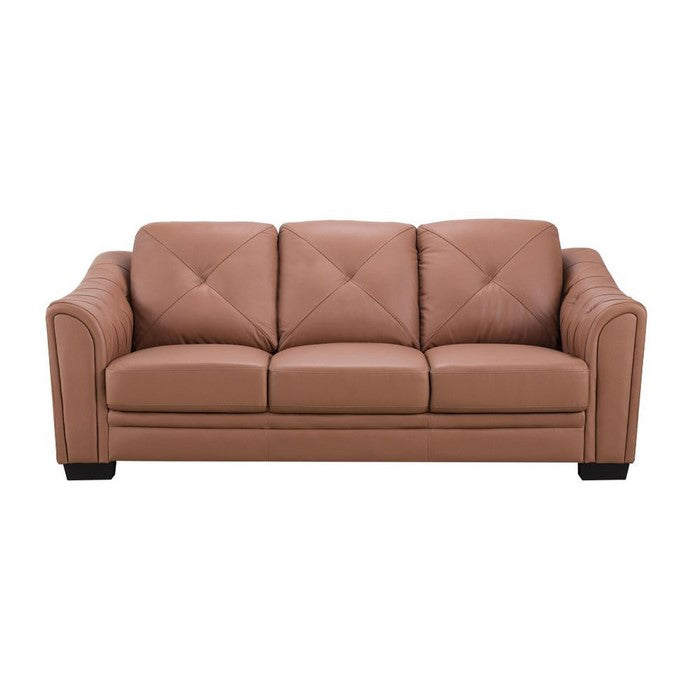 Leather Upholstered Wooden Sofa with Tufted Armrests, Brown