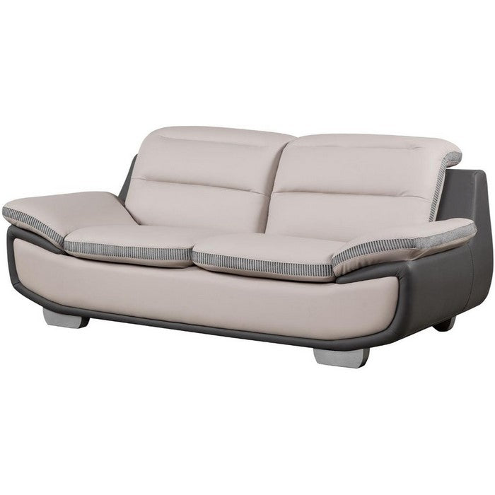 Faux Leather Upholstered Wooden Loveseat with Contrasting Patch Design, Gray