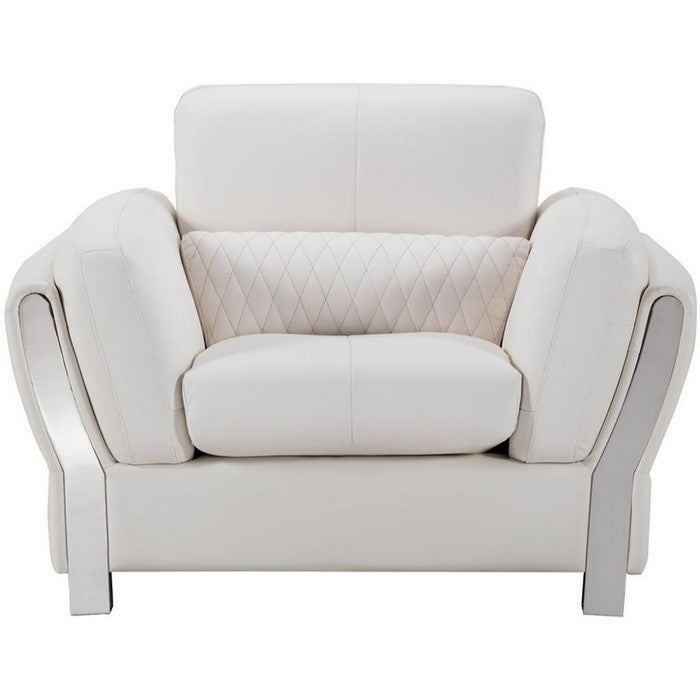 Faux Leather Upholstered Wooden Sofa Chair with Attached Lumbar Cushion, White and Silver