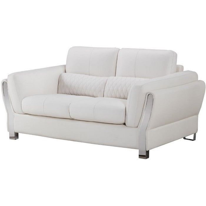 Faux Leather Upholstered Wooden Loveseat with Attached Lumbar Cushion, White and Silver