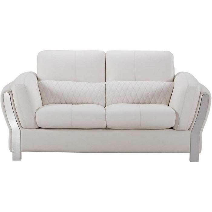 Faux Leather Upholstered Wooden Loveseat with Attached Lumbar Cushion, White and Silver