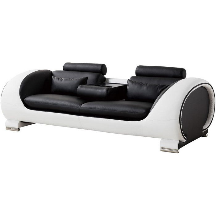 Modern Style Faux Leather Upholstered Wooden Sofa with Headrest, Black and White