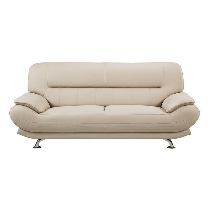 Faux Leather Upholstered Wooden Sofa with Tufted Cushioned Back, Cream and Silver