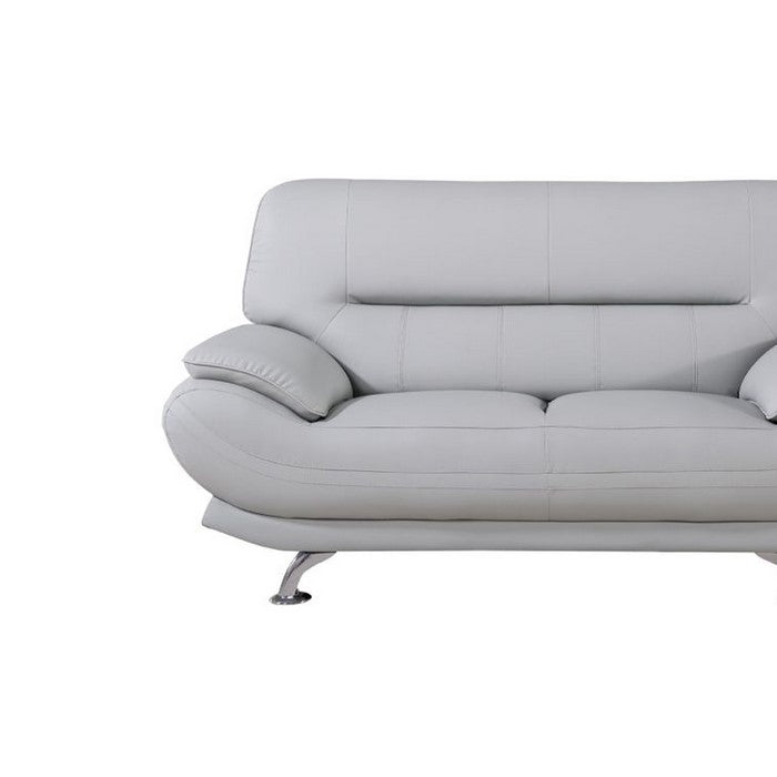 Faux Leather Upholstered Wooden Loveseat with Pillow Top Armrest, Light Gray and Silver