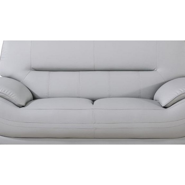 Faux Leather Upholstered Wooden Loveseat with Pillow Top Armrest, Light Gray and Silver