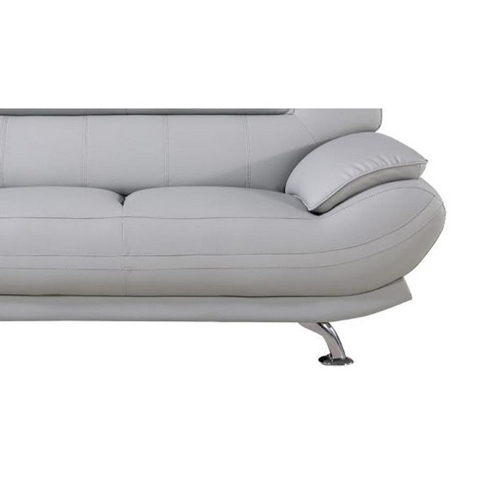 Faux Leather Upholstered Wooden Loveseat with Pillow Top Armrest, Light Gray and Silver