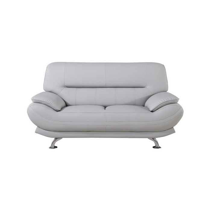 Faux Leather Upholstered Wooden Loveseat with Pillow Top Armrest, Light Gray and Silver