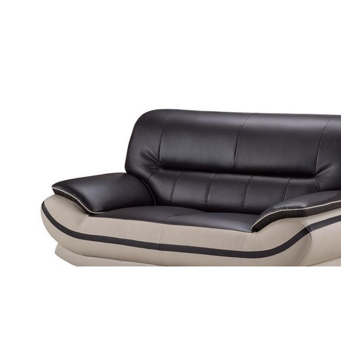 Faux Leather Upholstered Wooden Loveseat with Pillow Top Armrest, Black and Gray
