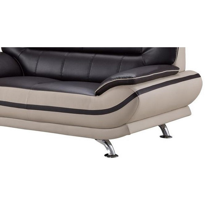 Faux Leather Upholstered Wooden Loveseat with Pillow Top Armrest, Black and Gray
