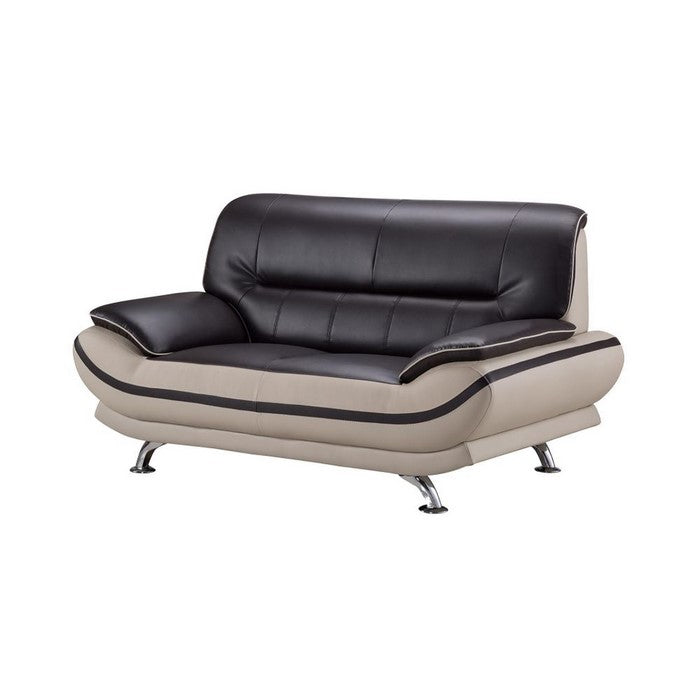 Faux Leather Upholstered Wooden Loveseat with Pillow Top Armrest, Black and Gray