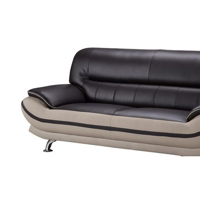 Faux Leather Upholstered Wooden Sofa with Tufted Cushioned Back, Dark Brown and Beige