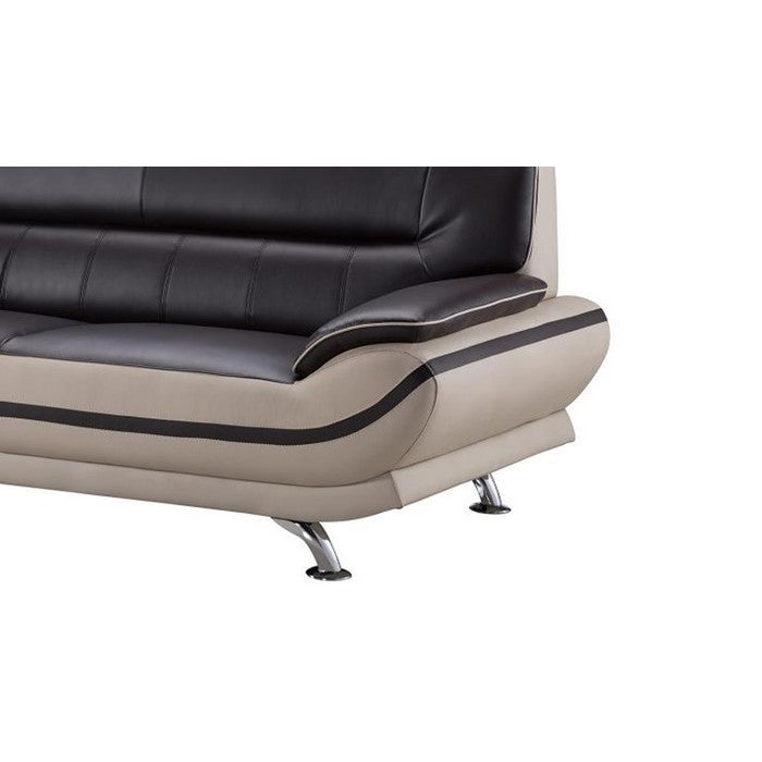 Faux Leather Upholstered Wooden Sofa with Tufted Cushioned Back, Dark Brown and Beige