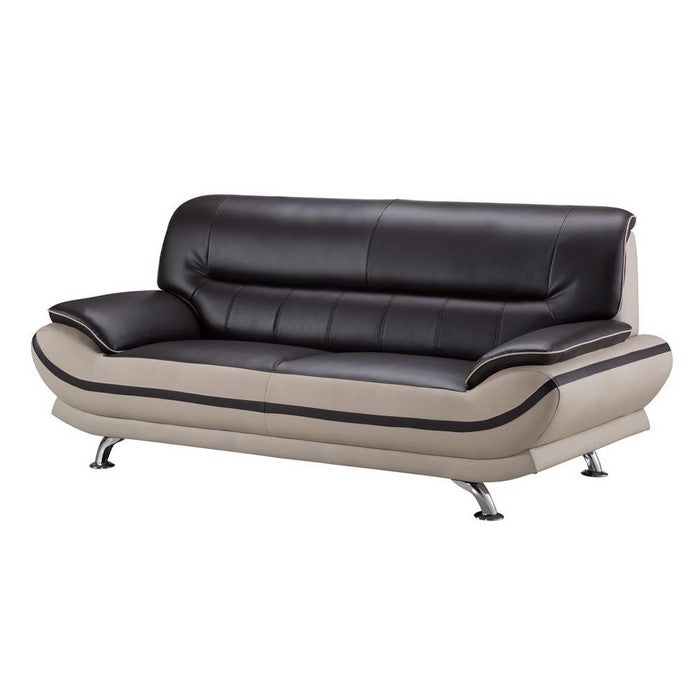 Faux Leather Upholstered Wooden Sofa with Tufted Cushioned Back, Dark Brown and Beige