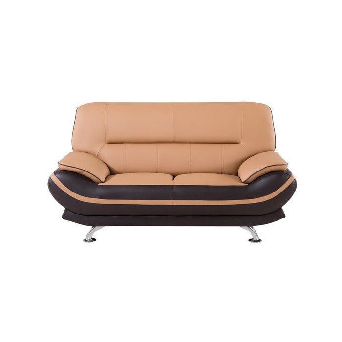 Wooden Framed Loveseat with Tufted Faux Leather Upholstery, Brown and Silver