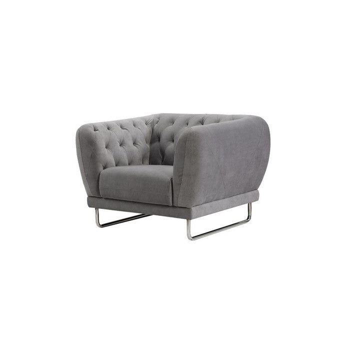 Fabric  Upholstered Wooden Chair with Tufted Back and Steel Legs, Gray
