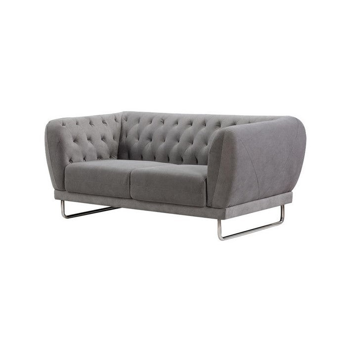 Fabric  Upholstered Wooden Loveseat with Tufted Back and Steel Legs, Gray
