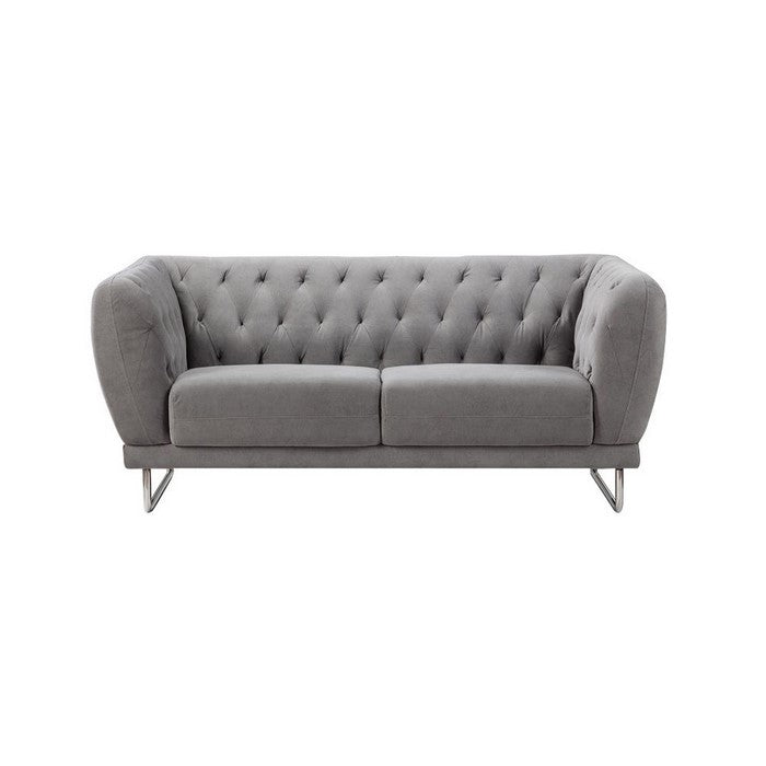 Fabric  Upholstered Wooden Loveseat with Tufted Back and Steel Legs, Gray