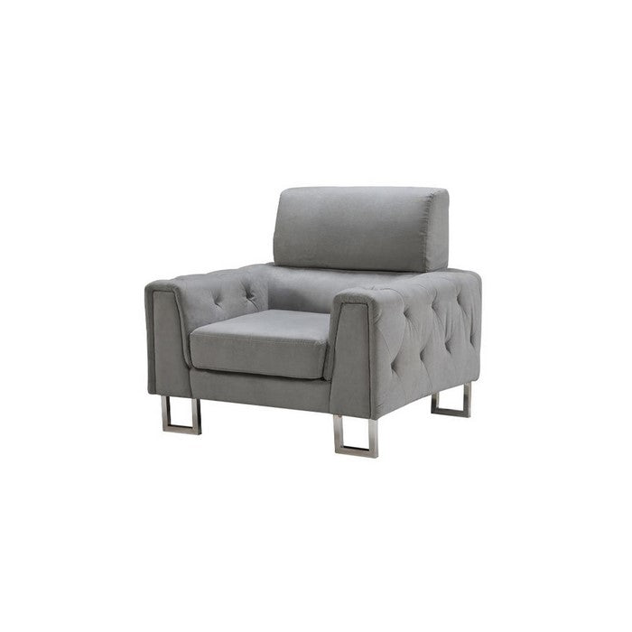 Fabric Upholstered Wooden Chair with Tufted Armrest and Steel Legs, Gray