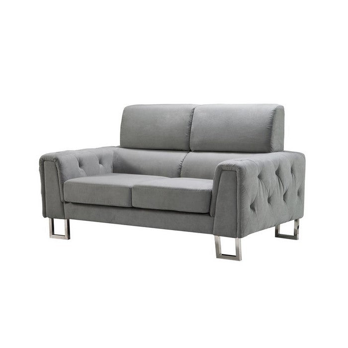Fabric Upholstered Wooden Loveseat with Tufted Armrest and Steel Legs, Gray