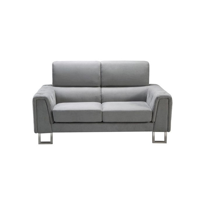 Fabric Upholstered Wooden Loveseat with Tufted Armrest and Steel Legs, Gray
