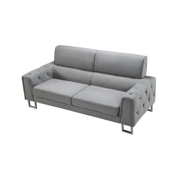 Fabric Upholstered Wooden Sofa with Tufted Armrest and Steel Legs, Gray
