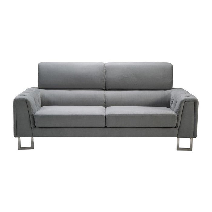 Fabric Upholstered Wooden Sofa with Tufted Armrest and Steel Legs, Gray