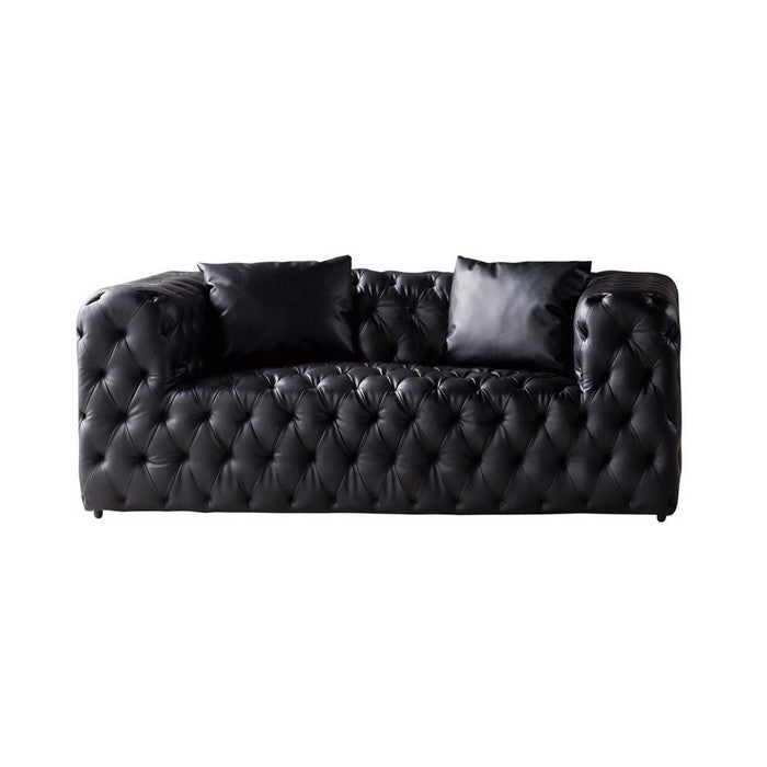 Leatherette Upholstered Tufted Loveseat with Low Back and Accent Pillows, Black