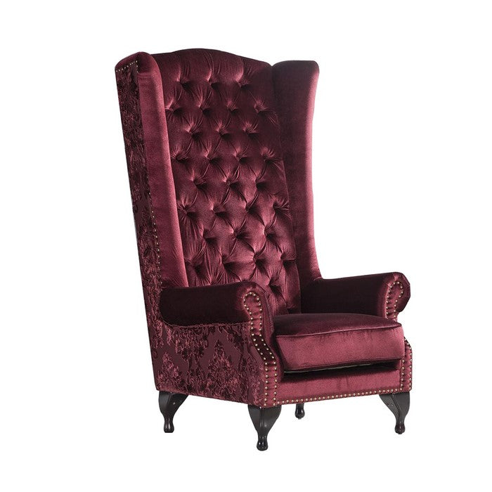 Velvet Upholstered Wooden Accent Chair with Tufted High Back and Rolled Arms, Red