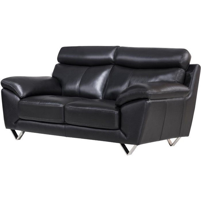 Leatherette Upholstered Wooden Loveseat with Plush Bustle Back and Steel Feet, Black