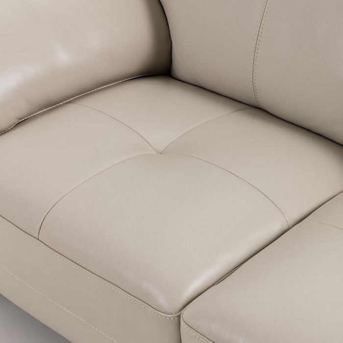 Leatherette Upholstered Wooden Loveseat with Plush Bustle Back and Steel Feet, Light Gray