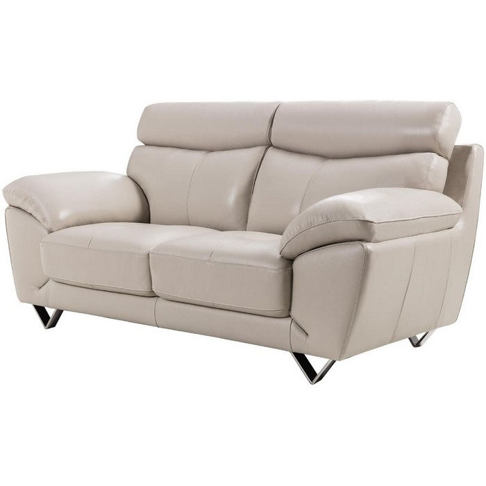 Leatherette Upholstered Wooden Loveseat with Plush Bustle Back and Steel Feet, Light Gray